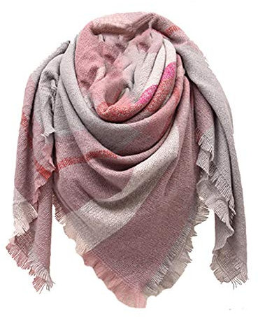 Tybiky Damen Schal Kariert übergroßer Warm Weich Strickschal Karo XXL Winterschal Herbstschal Wolleschal Frauen Deckenschal Halstuch Scarf Poncho Cape (Grau Rosa)