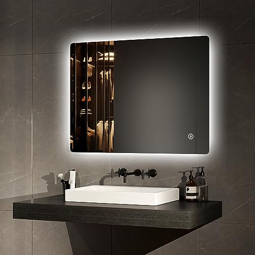 EMKE LED Badspiegel 80x60cm, 3 Lichtfarbe Dimmbar | Badezimmerspiegel mit Touchschalter, automatische Abschaltung nach 3 Stunden, hinterleuchteter Wandspiegel