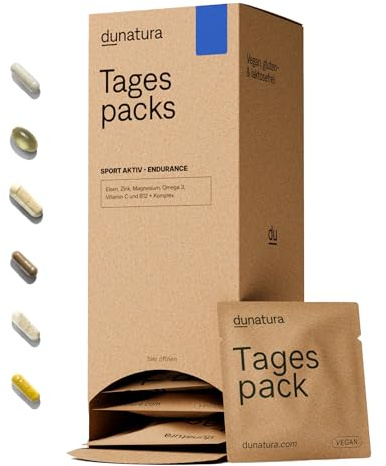 Dunatura Sport Aktiv Endurance Tagespacks - 28 Tagespacks - Ausdauer | Mit Magnesium, Omega-3 aus Algenöl, Eisen, Zink & B-Vitaminen; vegan; ohne unnötige Zusatzstoffe
