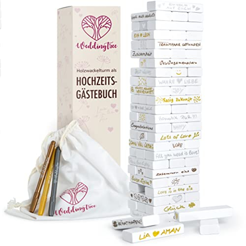 WeddingTree Holzturm als Gästebuch Hochzeit - Mit 72 Steinen, Aufbewahrungsbeutel und 3 Metallic Markern - Hochzeitsspiel als Gästebuch Alternative - Hochzeit Ideen (weiß)