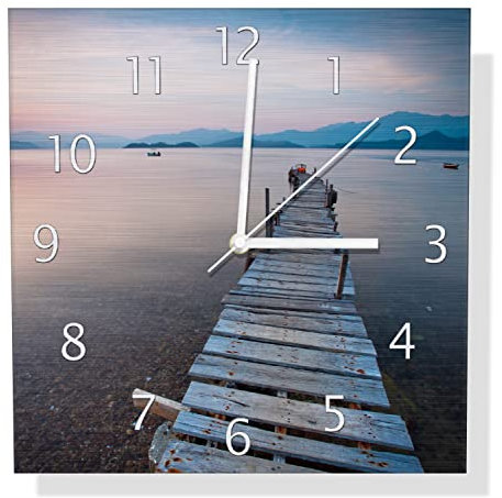 Wallario Design Wanduhr Steg am See- Idylle bei Sonnenuntergang aus Aluverbund, Alu-Uhr Größe 30 x 30 cm, weiße Zeiger mit Metalloptik