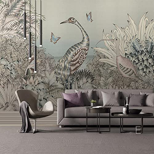 Yimesoy Kundenspezifische Wandtapete Retro Tropischer Regenwald Grauer Kran Vogel Schmetterling Fresko Wohnzimmer Tv Sofa 3D 200Cm(W)×140Cm(H)