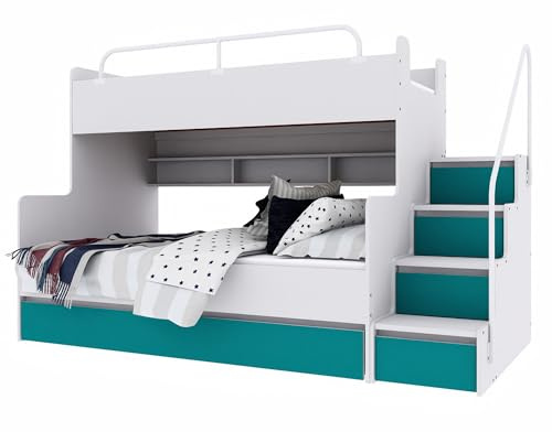 Marlux-Meble Hochbett Kinderbett JSM-3 mit Treppe 80x190 + 120x190 Matt Kinderbetten Funktionsbett Etagenbett Stockbett Kinderhochbett Jugendhochbett (Türkis Matt)