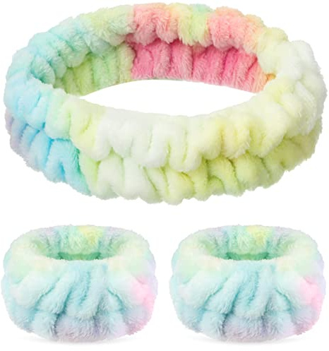 3 Pièces Set de Spa Doux Bracelets de Lavage de Visage et Démaquillage Bandeau de Visage Élastique Moelleux (Coloré, Teinture)
