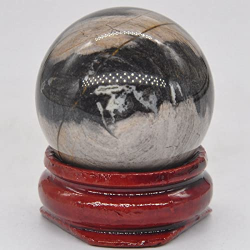 Bola redonda de 30 mm de piedras preciosas minerales naturales y piedras esfera esfera globo decoración con soporte, jaspe de hoja de plata