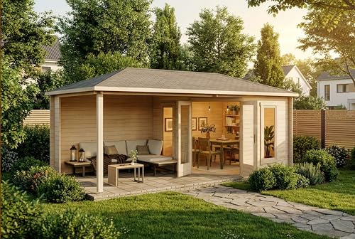 Alpholz 5-Eck Gartenhaus Liwa aus naturbelassenem Holz mit 40mm Wandstärke und Walmdach, Größe: 595 x 300 cm