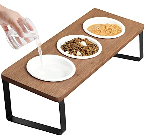 GUUSII HOME Katzennapf Erhöht Futternapf Katze Futterstation, Keramik Napf, Fressnapf 3er Set Holz, Cat Bowl Ø12cm Ergonomischer Katzennäpfe 3 Teilig Katzenfressnapf (Braun)