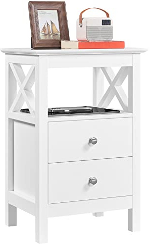 Yaheetech Bedside Table, Smooth Spray-Painted Wooden Nightstand with 2 Storage Drawers and Open Shelf, X-Shaped Bedside Cabinet for Bedroom Living Room Small Space, White