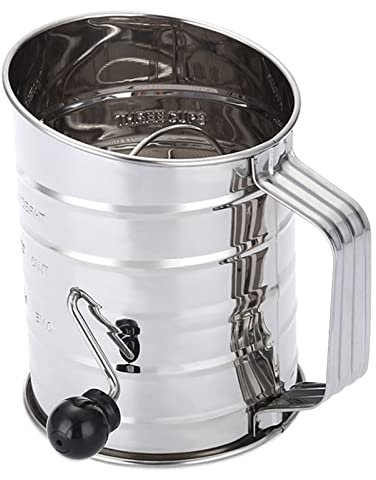 Stainless Steel Flour Sifter, 4 Wire Agitators for Quick Sifting, 3 Cup Rotary Hand Crank Bevel Flour Sieve, with 40 Fine Mesh Screen & Stamped Measurement, for Baking Flour and Powered Sugar