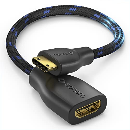 Sonero® Adaptador de Ahorro de Puertos Mini HDMI a 4K HDMI, Alta Velocidad Premium, Enchufe Mini HDMI C a Toma HDMI A, contactos chapados en Oro, Doble blindaje, Funda de algodón, 0,15 m