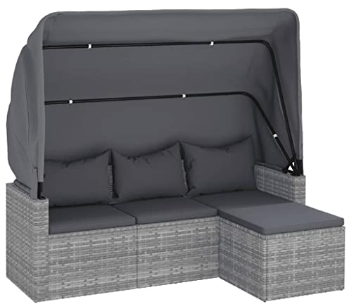 vidaXL Gartensofa 3 Sitzer, Sofa mit faltbaren Dach, Couch mit Fußhocker, Relaxsofa Dreisitzer Terrassensofa Gartenmöbel, Grau Poly Rattan
