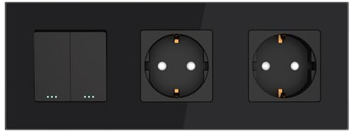 PULSAR Wechselschalter Doppelt mit Steckdose Schwarz Glas 3-Fach, Serienschalter und Wandsteckdose mit Kindersicherung Unterputz 16A 228 x 86mm