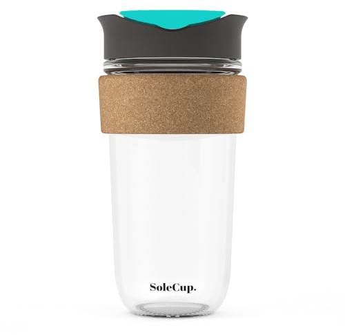 SoleCup. Large Travel Mug - Reusable Strengthened Glass Coffee Mug - 18oz/530ml BPA-Free Hot Drink Travel Mug with Lid & Cork Band (Grey and Blue, 530ml / 18oz)