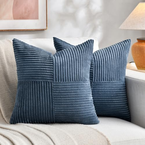 FDTERN 2er Set Denim Blau Kordsamt Kissenbezug 60x60CM Weich Moderne Dekorative Kissenbezüge Kissenhülle Dekokissenbezug Sofakissen Dekokissen Boho Deko für Sofa Schlafzimmer Wohnzimmer Bett