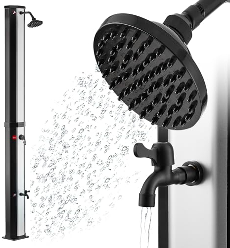 Zelsius Doccia Solare Melton con rubinetto, Doccia a pedale | Nero, argento | Doccia da giardino 60 litri, fredda e calda, mass. 60°C, connessione per tubo d'irrigazione | Doccia solare da esterno