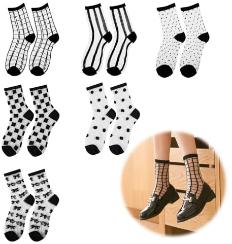 Wekuw 6 Paia Calzino Donna Calzini Estivi Donna Corti Trasparenti Scozzesi a Pois a Righe Papillon Scozzesi Velati Neri Calze alla Caviglia Velati Calzini Estivi Moda Sottile