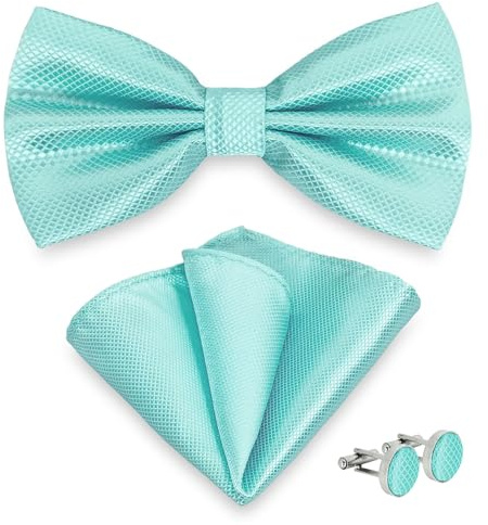 AUSUAYA Herrenfliege mit Einstecktuch und Manschettenknöpfen, Einstellbare Fliege mit Einstecktuch für Hochzeit Party M-B-TI9 (Türkis)
