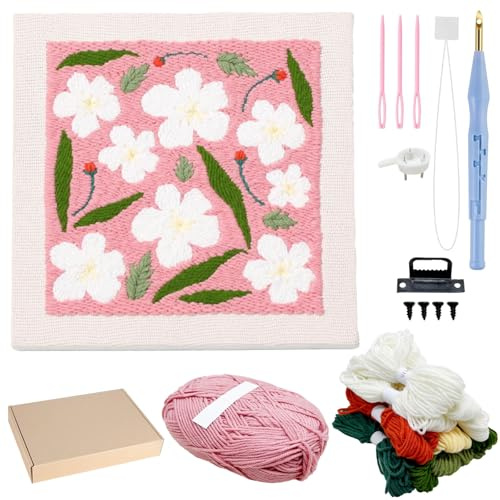 Allazone Punch Needle Kit Telaio Ricamo Starter Kit Quadrata Kit di Ricamo per Aghi da Punzonatura con Flower Pattern, Penna per Adulti Principianti (Rosa e Bianco)