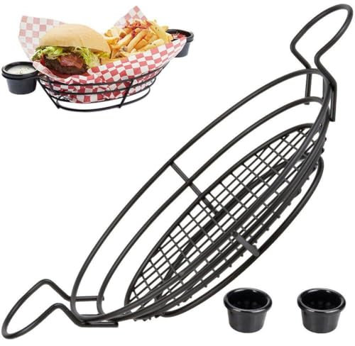 Ovaler Servierkorb Aus Eisen, Antihaftbeschichtet, Fast-Food-tablett, Netzkorb 2 Saucenbechern, Brot, Salat, Kuchen, Huhn, Snackständer