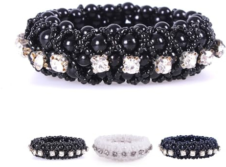 Netproshop Elastisches Knotenband Diamond mit Perlen + Strass für Haarknoten oder Dutt Haargummi, Farbe:Schwarz