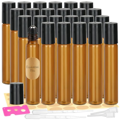 Maxmoc 24 Stück Roll on Glasflaschen für Ätherisches Öl，10ml, Braun | mit Öffner,Strohhalm, Etiketten für Ätherische Öle, Parfüm, Massage