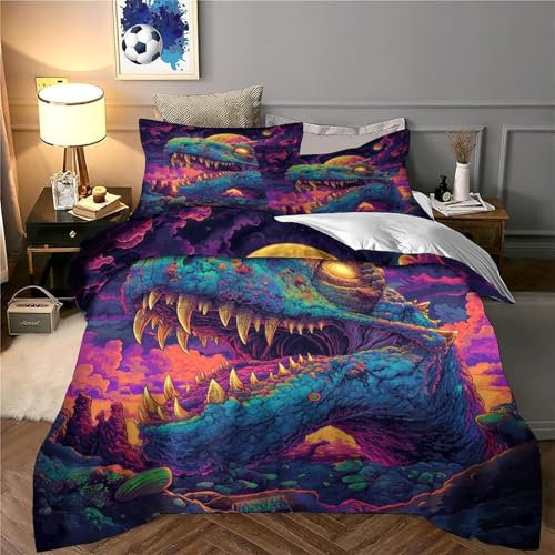 GQmoney Dinosaurier-Bettwäsche, 3D-Druck, Bettbezug, weiches, gemütliches Bettwäscheset, atmungsaktiv, für Teenager, Bettdeckenbezug, 3-teilig, Doppelbett (200 x 200 cm)