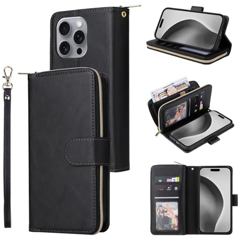 Unichthy For iPhone 16 Pro Case 9 Card Holder Zipper Bag with Strap Shockproof Leather Flip Wallet Handbag Zip Pocket Phone Cover Stand Folio Magnetic Purse for iPhone 16 Pro Black