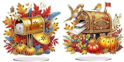 Lebartm 2Stück DIY Diamant Herbst Desktop Ornament Speziell geformter Kristall Diamant Kunst Malerei Tischdekoration Doppelseitiges Muster Einseitiger Diamant Heimdekoration-Briefkasten01