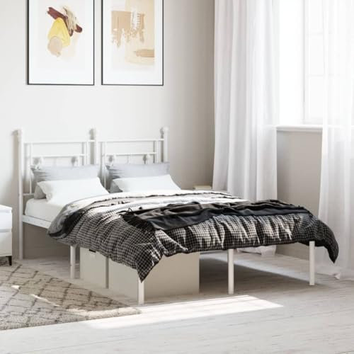 Iiaky Bettgestell mit Kopfteil Metallbett Bed Frame Bettgestell Bettrahmen Kopfteil Bett Tagesbett Metall Weiß 120x200 cm - 374386