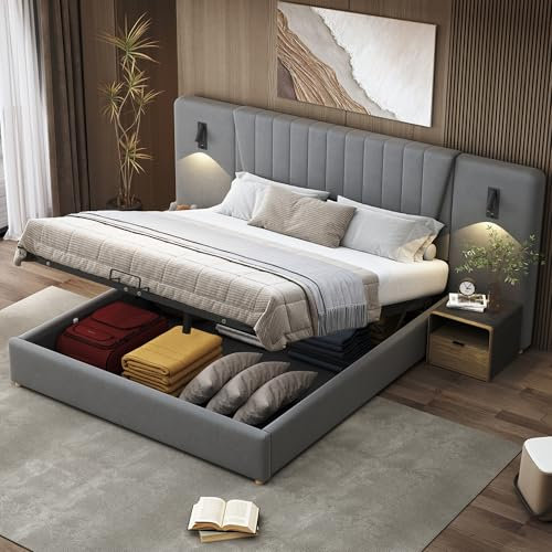 Ymkua Polsterbett Doppelbett 180x200 mit Stauraum, Stauraumbett mit USB-Port, hydraulisches Bett mit Verstellbarer Leselampe und Kopfteil, Funktionsbett mit Lattenrost, Samt, Ohne Matratze (Grau)