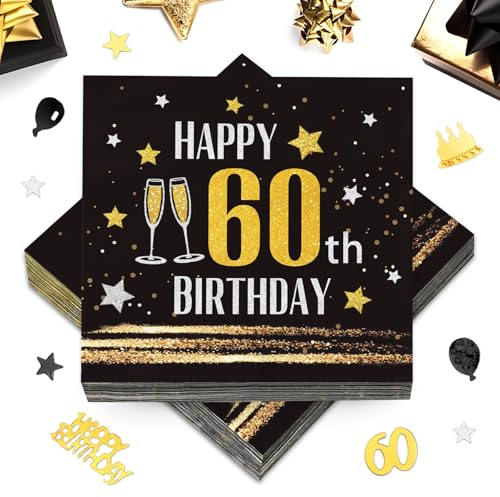 40 Stück Servietten 60 Geburtstag + 500 Konfetti Streudeko 60.ter, Deko 60. Geburtstag Frau Mann, Schwarz Gold Tisch Deko, 60 Jahre Happy Birthday Tischdekoration Geschenke