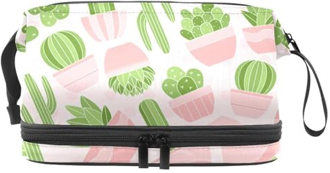 Trousse de toilette double couche en forme de cactus rose et figue de barbarie pour femmes et filles, trousse de toilette de voyage, trousse de maquillage pratique avec compartiment à brosse,