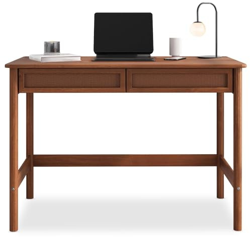 IDIMEX Schreibtisch Rodrigo 110cm breit, Kastanien Farben - Bürotisch aus Massivholz mit 2 geräumigen Schubladen in Rattan Optik - Computertisch mit Stauraum, PC Tisch, Laptoptisch, Arbeitstisch