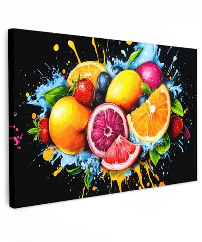 MuchoWow© Bilder Groß XXL Wohnzimmer Deko Modern Wandbild Kunstdruck | 120x80 cm - Leinwand Bild Schlafzimmer über Bett Room Decor Geschenke Frucht - Graffiti - Bunt - Orange - Erdbeere - Abstrakt