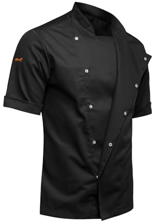 strongAnt Veste de Cuisine Homme Slim Fit Coton Doux avec Boutons-Pression Veste de Boulanger Manches Courtes - Noir, L