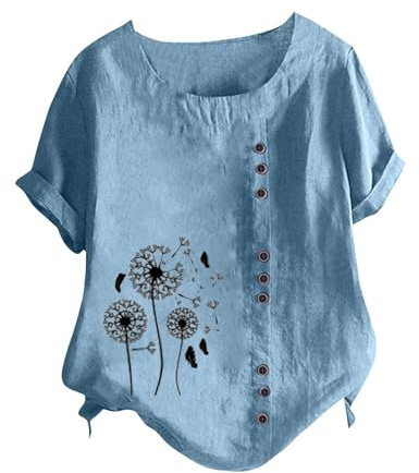 Cocila T Shirts da Donna alla in Cotone E Lino A Maniche Corte con Bottoni Girocollo Stampa di Tarassaco Vestito Camicia Maglia Manica Corta Fucsia Maglia Verde Donna Maniche Corte T Shirts One
