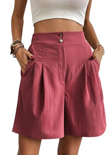 Belriviere, pantaloni da donna estivi a bermuda, pantaloni larghi a gamba larga, stile casual, a vita alta, alla moda, con tasche, Rosso scuro, L