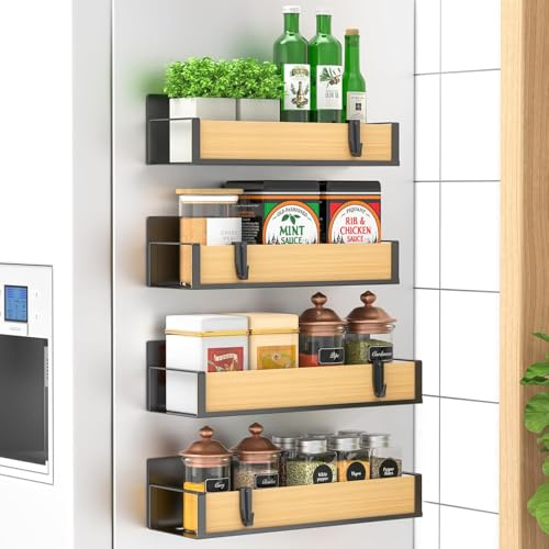 Veektac Magnetic Spice Rack for Fridge and Oven, 4 Pack Magnetic Fridge Shelves with Moveable Hooks for Kitchen Organization and Storage