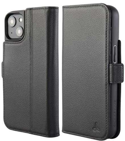 Snakehive Genuine Leather Wallet Case for iPhone 14 Pro – Flip Cover with Card Slots & Stand (Dappled Black)
