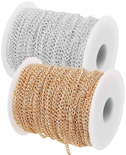 LEXININ 2 Roll 4x3mm Jewellery Chain Roll, 40m/131 Feet Necklace Chain Silver and Gold for Bracelets DIY Craft