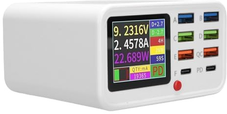 Tonysa Estación de Carga de 8 Puertos con Pantalla Inalámbrica de Cargador y LCD, 65W Multi Device USB Hub para Organización de Escritorio, Estación de Cargador (Enchufe de la UE)