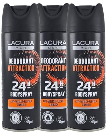 Deodorante spray per il corpo Attraction (3 x 200 ml) | confezione da 3 deodorante spray per uomini | protezione 24 ore | profumo sensuale e formula anti-macchie bianche | Deodorante vegano senza