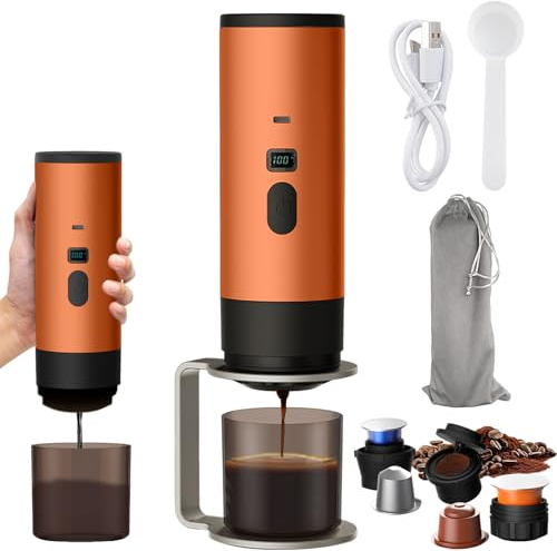 Cafetera portátil 3 en 1 de 72 W, portátil recargable, compatible con cápsulas de café expreso y café molido, cafetera de café expreso para oficina, camping, coche, viaje (naranja-soporte)