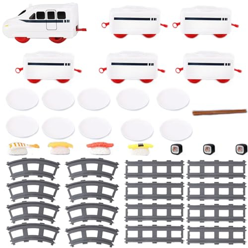 Peosaard Tren de Comida para Mesa, Tren de Sushi, Comida giratoria para Mesa, Cena doméstica con Cinta transportadora de riel, Bandeja para Servir con batería para Fiesta, Plato oscilante, Sushi