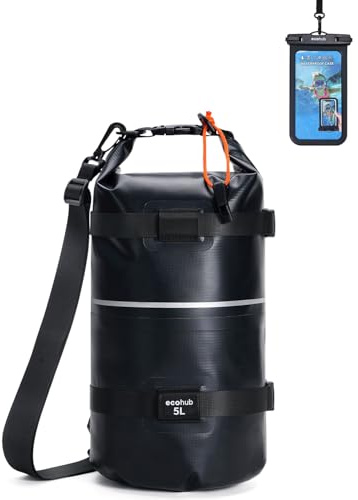 ECOHUB Dry Bag 2L 5L 10L 15L 20L, wasserdichte Tasche mit Rolltop Verschluss & IPX8 Handyhülle, Schultergurt & Tragegriff, für Kajak, SUP, Bootfahren, Wandern, Camping, Angeln, Rafting, Schwarz