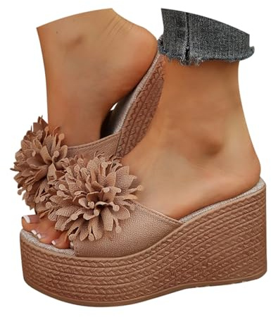 Kilklack sandaler dam, kilsandaletter dam, platå, sommarsandaler med blommor, slip-on, utomhussandaler, Chunky fritidssandaler, espadriller sandaler, lätta strandsandaler, kaki, 39 EU