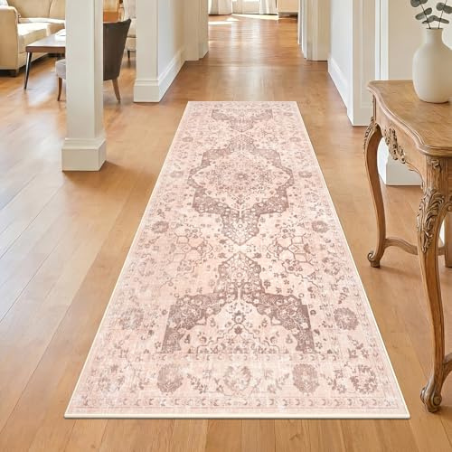 TUKDAK Rosa Orange Vintage Teppich Läufer Flur 80x200cm, Teppichläufer für Flure rutschfest, Waschbar Kurzflor Küchenläufer, Küchenteppich für Flur Waschküche Eingang Wohnzimmer