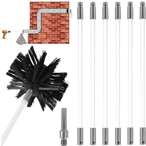 Seutmrou Kaminbürste Stange Set, Ofenrohrbürste, Kaminrohr Reinigungsbürste, Kaminbesen mit 6 Flexible Stangen 410mm,1 Bürstenkopf, Einsatz Mit Elektrobohrern, Für Schornsteine, Rohre, Kamin Trockner