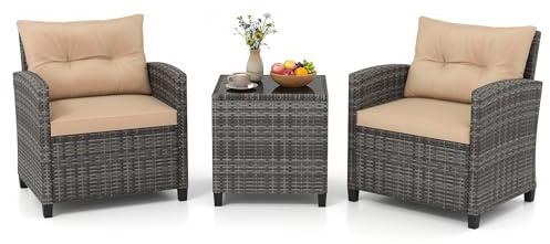 GIANTEX Rattan Gartenmöbel Set, Lounge Gartenmöbel Set, Balkon Möbel für 2 Personen, Gartenlounge Set 2 Sessel & Tisch, 3 TLG. Gartensitzgruppe inkl. Sitz- und Rückenkissen (Gemischtes Grau + Beige)