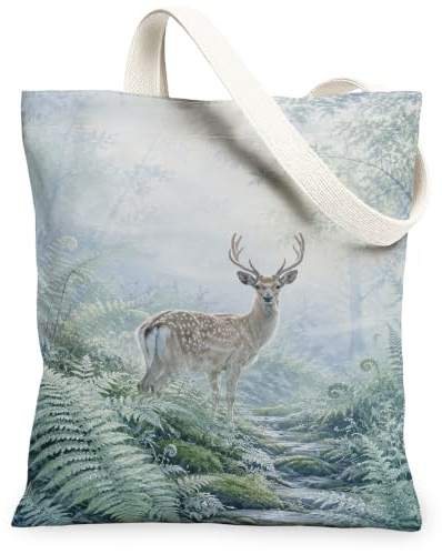 Deer Canvas Tote Bag, Nature Artistic Ferns Forest Winter Green Shopping Bag 13x15 Inch, Green, 13x15 Inch